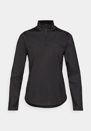 Black long-sleeve top with a zip neck, fitted design, smooth texture, and subtle seams for a streamlined appearance.