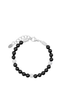 Bracciale con perle nere caratterizzato da accenti argentati alternati, lisci e testurizzati, chiuso con un gancio argentato e una catena regolabile.