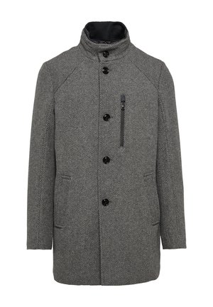 Grauer, strukturierten Wollmantel mit hohem Kragen, einer Knopfschnappschließe und Seitentaschen. Mit einer zipbaren Brusttasche und glattem Futter.
