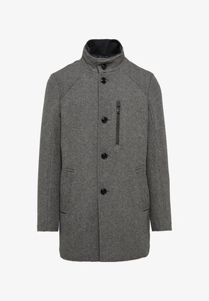 Grauer, strukturierten Wollmantel mit hohem Kragen, einer Knopfschnappschließe und Seitentaschen. Mit einer zipbaren Brusttasche und glattem Futter.