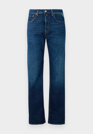 Denim jeans in dark blue with a straight leg design, five-pocket style, and light fading. Features a front button closure and belt loops.