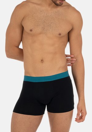 Zwarte boxershorts met een teal elastische tailleband met daarop de merknaam. Glad textuur en aansluitend design, geschikt voor dagelijks gebruik.