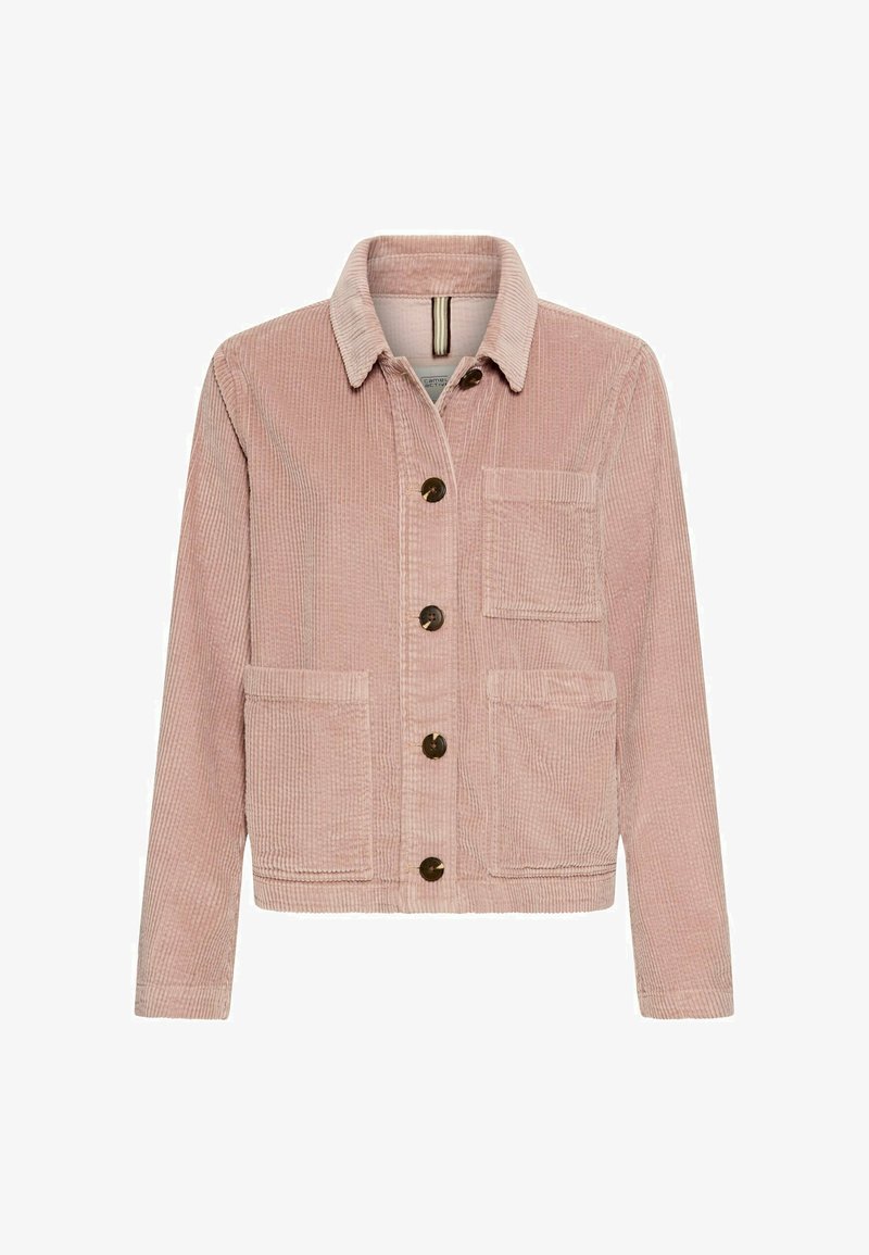 Lyserød corduroy-jakke med krave, frontlukning med knapper, to påsyede lommer og et struktureret ribbet design.