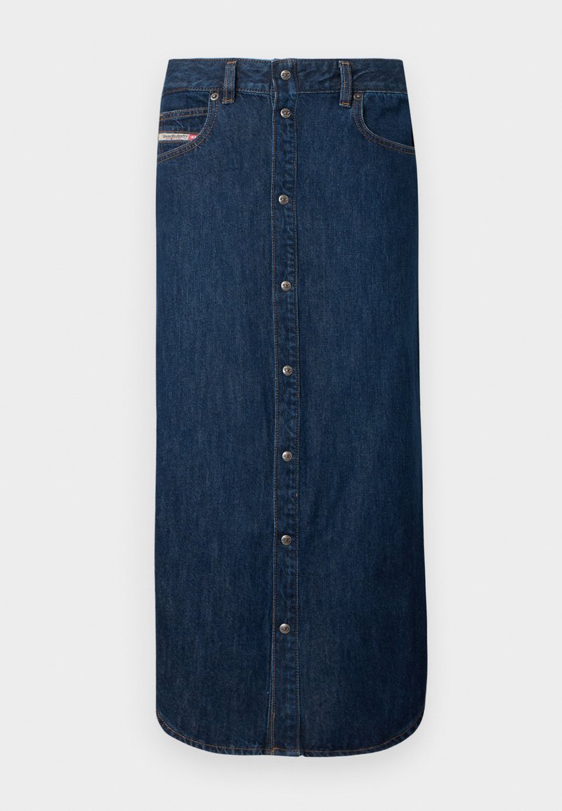 Denim skirt with a dark blue color, button-down front, and two pockets. Features a straight cut and rounded hem. Durable fabric texture.