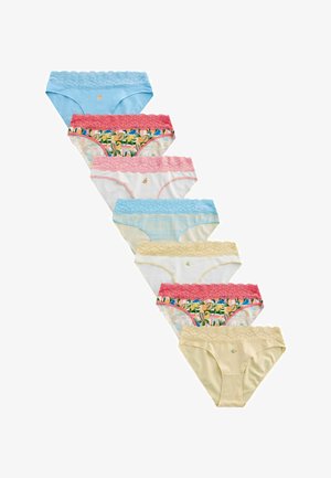 Syv par kvindelige bikiniunderbukser med blonder i pastelblå, lyserød med blomster, hvid, blåternet, cremefarvet og flerfarvede mønstre.