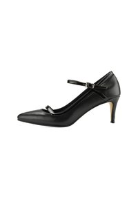 Chaussure à talon haut en cuir noir avec un bout pointu, une bride de cheville et deux brides décoratives à l'avant, présentant un design élégant.