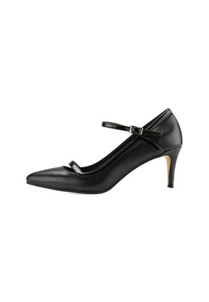 Chaussure à talon haut en cuir noir avec un bout pointu, une bride de cheville et deux brides décoratives à l'avant, présentant un design élégant.
