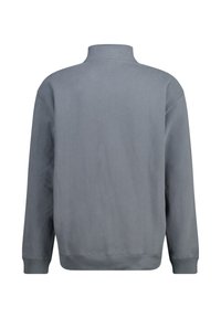 Gray pullover sweater with a high collar and long sleeves. Solid color, soft texture, and relaxed fit with ribbed cuffs and hem.