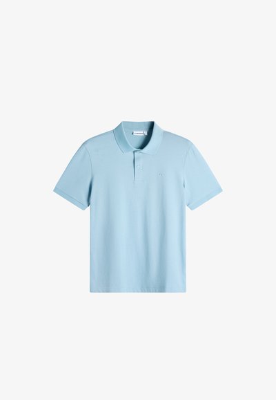 Polo a maniche corte di colore azzurro con colletto e abbottonatura con due bottoni, con logo ricamato sottile sul petto.