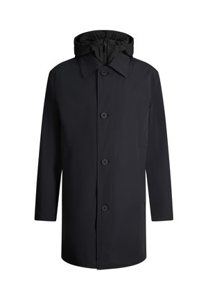 Czarny długi płaszcz z zapięciem na cztery guziki, spiczastym kołnierzem, bocznymi kieszeniami oraz przymocowanym kapturem zapinanym na zamek.