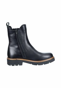 Schwarze Leder-Stiefelette mit einem seitlichen Reißverschluss, runder Zehenpartie, strukturiertem Obermaterial und einer kontrastierenden braunen Sohle mit ausgeprägtem Profil. Schlaufe an der Rückseite.