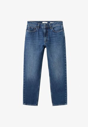 Modre kavbojke iz jeansa s klasičnim pet žepnim dizajnom in zapiranjem na gumbe, z ravnim krojem hlačnic in subtilnimi bledenimi detajli.