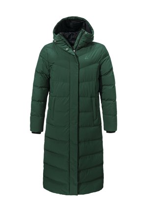 Langer grüner Puffer-Mantel mit Kapuze, ausgestattet mit einem Reißverschluss, gestepptem Muster und zwei Seitentaschen. Schwarze Innenseite und Logodetail.