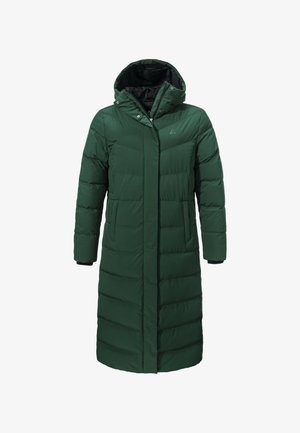 Langer grüner Puffer-Mantel mit Kapuze, ausgestattet mit einem Reißverschluss, gestepptem Muster und zwei Seitentaschen. Schwarze Innenseite und Logodetail.