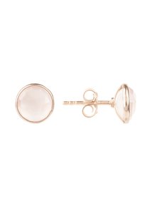 Pendientes de stud en tono dorado que presentan una piedra rosa pálido facetada en un ajuste redondo, con un respaldo metálico liso y un poste decorativo.