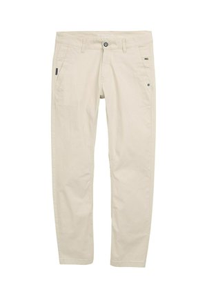 Beige bomullskai med rett ben-design, med sidelommer, knappelukking og subtile teksturdetaljer.