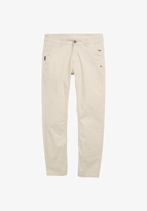 Beige Baumwollchinos mit einem geraden Bein Design, ausgestattet mit Seitentaschen, einem Knopfverschluss und dezenten Texturdezenten.