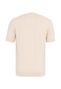 Pull en maille beige à manches courtes avec un col rond et un ourlet côtelé, montré de dos sur fond blanc.