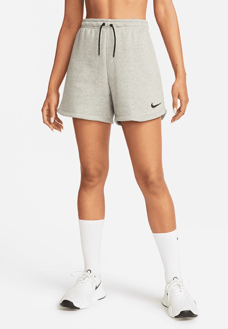 Grijze katoenen shorts van een katoenmix met een elastische tailleband en zwarte trekkoord, voorzien van een klein zwart logo op het linkerpijpje.