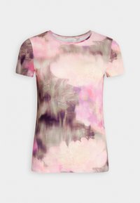 Kortärmad t-shirt i lättviktig tyg med ett blommönster i nyanser av rosa, lila och grått samt rund halsringning.