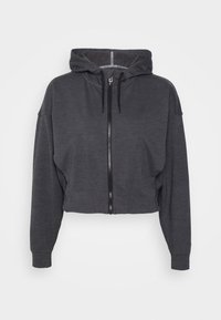 Avkortad zip-up hoodie i mörkgrått, tillverkad av mjukt material, med en huva med dragsnören och löst sittande långa ärmar.