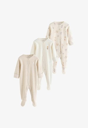 Tre langærmede, fødder-dækkende baby-nattøj i beige, hvid med små prikker og bjørneprint, og creme med flerfarvede dyremønstre.