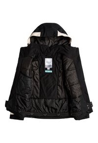 Veste d'hiver noire avec capuche, dotée d'une doublure matelassée intérieure et de poches en mesh. Marque Roxy visible sur l'étiquette et les finitions.
