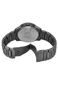 Montre en acier inoxydable noir avec un boîtier rond, bracelet en métal, fermoir ajustable et un dos lisse gravé. Design minimaliste.