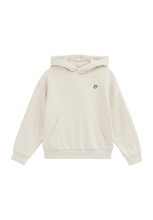 Sweat-shirt à capuche beige clair avec poche avant et petit logo noir représentant un geste de la main sur la poitrine gauche, manches longues, poignets et ourlet côtelés.