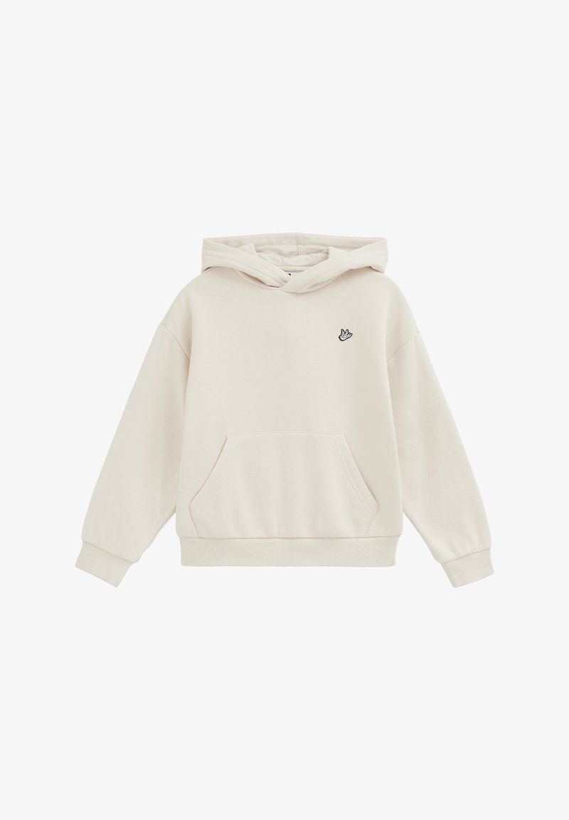 Sweat-shirt à capuche beige clair avec poche avant et petit logo noir représentant un geste de la main sur la poitrine gauche, manches longues, poignets et ourlet côtelés.