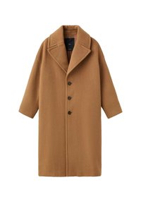 Abrigo de lana marrón con cuello de muesca, cinco botones y mangas cortas. Tejido suave con una textura lisa y una silueta relajada.