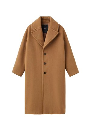 Cappotto di lana marrone con colletto a punta, cinque bottoni e maniche corte. Tessuto morbido con una consistenza liscia e una silhouette rilassata.