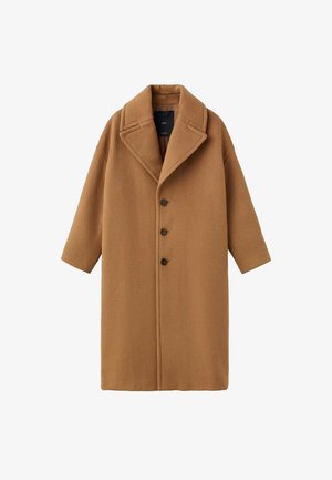 Rjav volnen plašč z ožjim ovratnikom, petimi gumbi in kratkimi rokavi. Mehek material z gladko teksturo in sproščenim krojem.