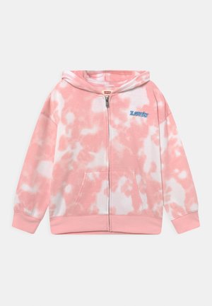 Helle pinke Batik-Hoodie mit voller Reißverschlus, Fronttaschen und einem blauen Levi's-Logo auf der Brust. Weiches Baumwollmaterial, gerippte Bündchen.