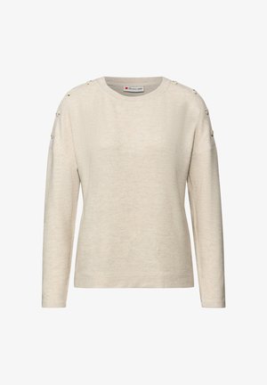 Ljusbeige långärmad tröja av mjukt tyg. Har ribbad halsringning och dekorativa knappar på axlarna. Avslappnad passform.
