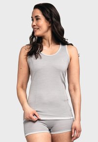 Light gray athletic tank top with a round neckline, smooth texture, and a small logo, paired with matching shorts.
