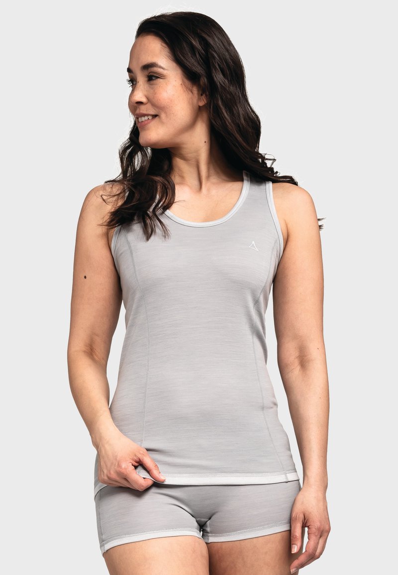 Light gray athletic tank top with a round neckline, smooth texture, and a small logo, paired with matching shorts.