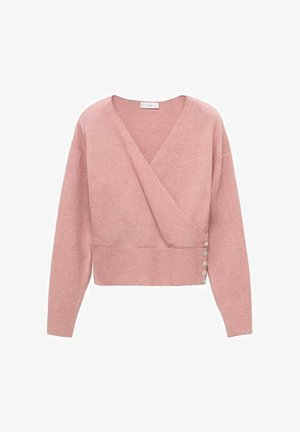 Mehakasti roza pletena ovijalna jopica z dolgimi rokavi, ribanim robom, V-izrezom ter vrstico šestih majhnih gumbov na levi strani blizu pasu.