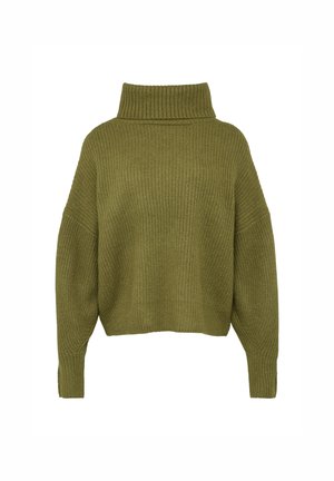 Olijfgroen gebreid sweater met een hoge, geribbelde col, verlaagde schouders en een boxy fit. Gelaagde stof en manchet mouwen.