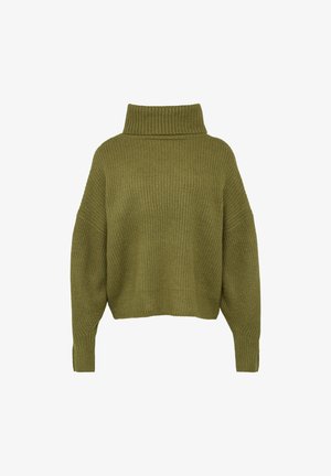 Olijfgroen gebreid sweater met een hoge, geribbelde col, verlaagde schouders en een boxy fit. Gelaagde stof en manchet mouwen.