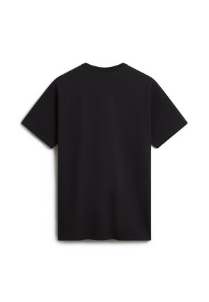 T-shirt nera in cotone con maniche corte, colletto rotondo e una texture liscia. Presenta un design semplice e non decorato sul retro.
