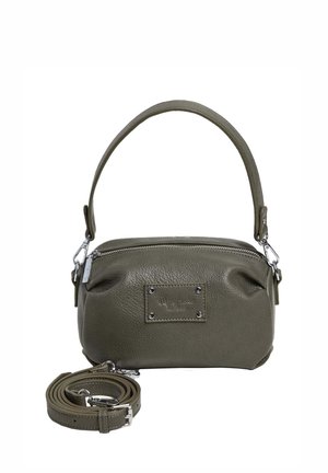 Kleine olivgrüne Lederhandtasche mit Reißverschluss oben, kurzem Henkel, abnehmbarem langem Schulterriemen und Metall-Logoplatte vorne.