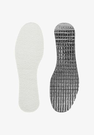 White textured insole on the left, silver shiny insole with a grid pattern on the right. Both insoles are shaped for footwear.