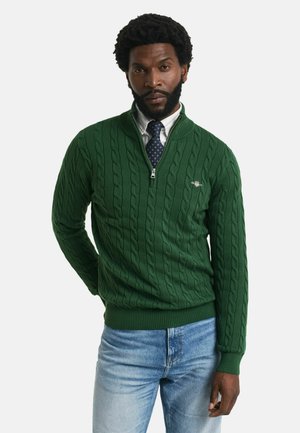 Grüner gestrickter Pullover mit Zopfmuster, halber Reißverschluss am Kragen, gerippte Bündchen und Saum, getragen über einem Hemd mit gepunktetem Muster.