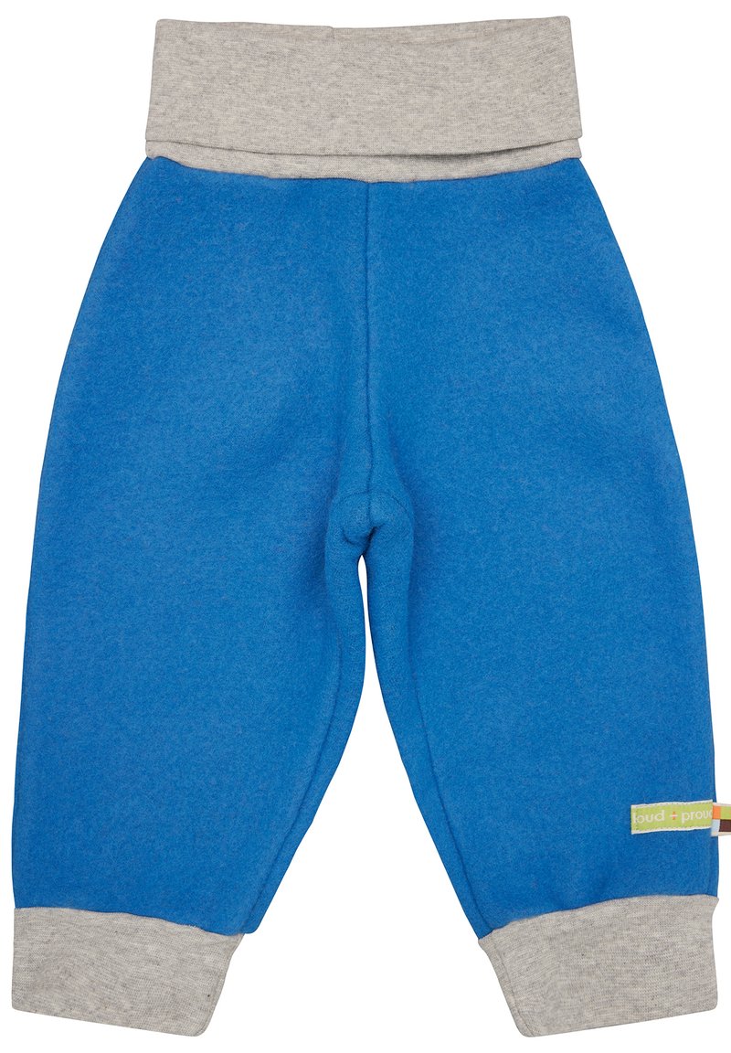 Blauwe sweatpants met een zachte, fleece textuur, voorzien van een lichtgrijze elastische tailleband en boorden, plus een klein merklabel aan de zijkant.