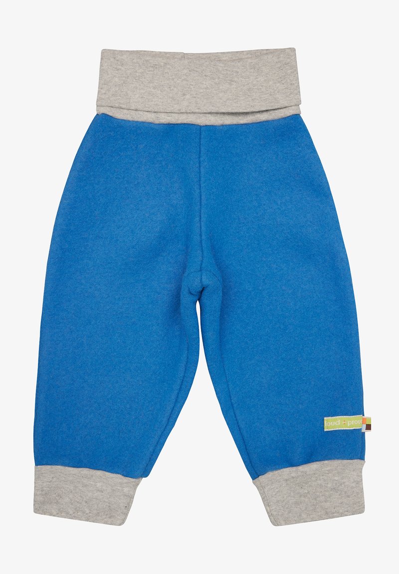 Blauwe sweatpants met een zachte, fleece textuur, voorzien van een lichtgrijze elastische tailleband en boorden, plus een klein merklabel aan de zijkant.