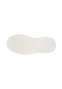 Sole di scarpa in gomma bianca con motivi testurizzati e scanalature per la trazione, con una forma curva e bordi arrotondati.
