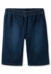 Tmavě modré džínové šortky s elastickým pasem, rovný střih a olemované okraje. Materiál vykazuje mírnou texturu typickou pro džínovinu.