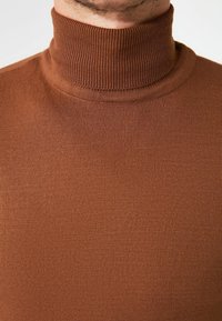 Maglione a collo alto marrone lavorato a maglia, con scollo a coste e texture liscia, design aderente, senza motivi o accenti aggiuntivi.