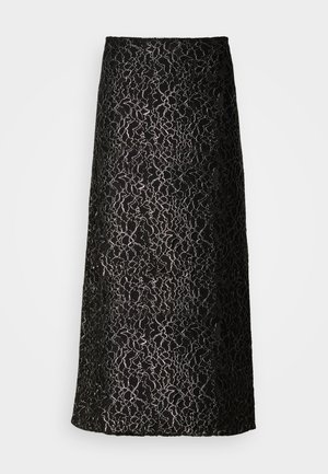 Black lace maxi skirt featuring a floral pattern and textured design, with a straight silhouette and a smooth interior lining.